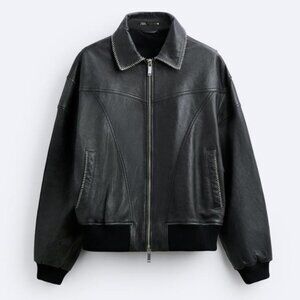 Zara men’s black bomber jacket with white stitching